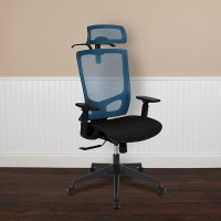 Flash Furniture H-2809-1KY-BL-GG Ergonomic Mesh Office Chair with Synchro-Tilt, Pivot Adjustable Headrest, Lumbar Support, Coat Hanger & Adjustable Arms-Blue/Black